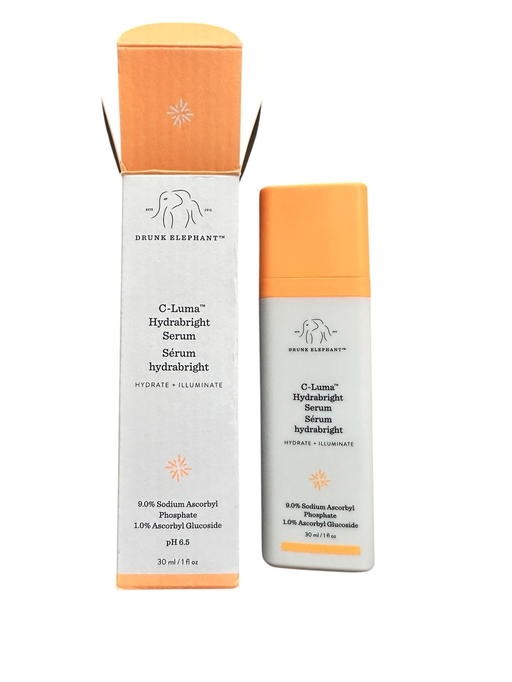 Drunk Elephant C-Luma Hydrabrigh Serum — Orange and White Packaging